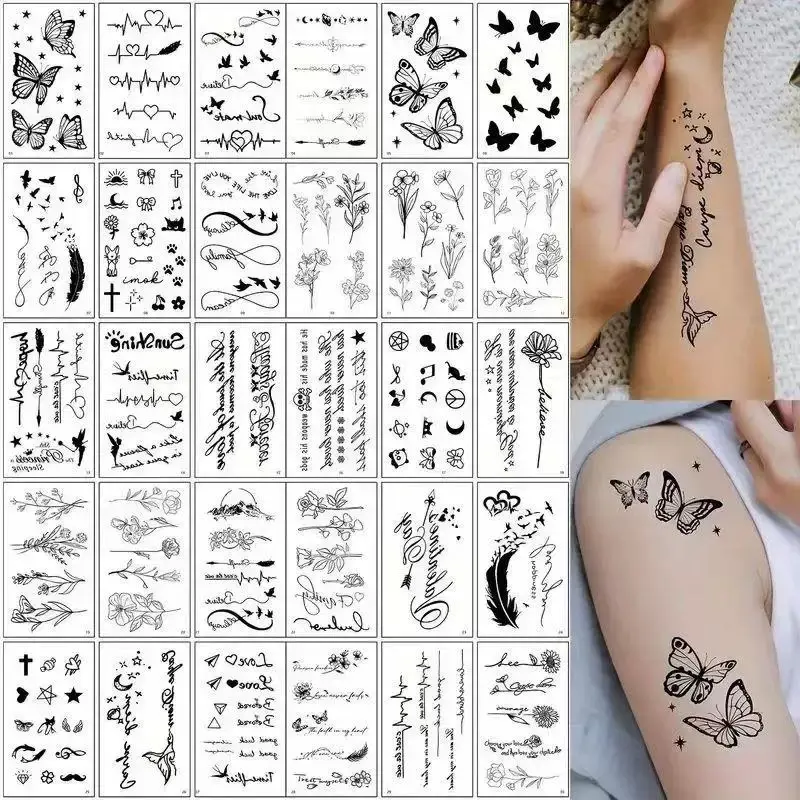 30pcs Waterproof temporary tattoo stickers for women, featuring butterflies, flowers and letters, with a high-end look. Long-lasting, suitable for arms, semi-permanent.