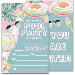 Pool Birthday Invitations, Summer Birthday Party Invitations for Boys Girls, 20 Double-Sided 4X6 Inch Fill-In Invite Cards with 20 Envelopes, Pool Party Supplies