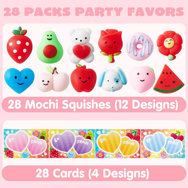 28 Valentine's Day Cards with Kawaii Mochi Squishy Toys – Perfect for Kids' Party Favors, Classroom Gift Exchange & Prizes