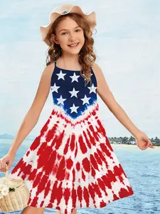 Girls' American Flag Star Stripes Halter Dress, Tie-Dye 3D Print, Cute Sweet Style, Loose-Fitting, Casual Vacation Daily Wear