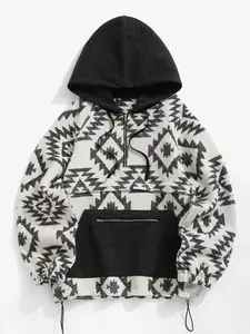 Women's Tribal Print Drawstring Pocket Zipper Hoodie, Casual Raglan Sleeve  Long Sleeve Hooded Top for Fall & Winter, Women's Clothes for Daily Wear, Graphic Hoodie, Hoodies for Women, Essentials Hoodie, Comfort Hoodies, Sweatshirts