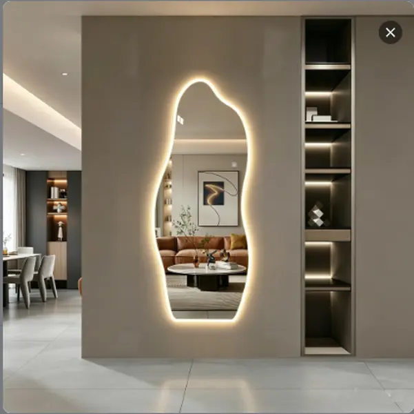 65"x25" Cloud-Shape LED Full-Length Mirror - Irregular Organic Wave Wall-Mounted Tempered Glass Mirror with 3-Color Dimmable Lighting, Touch Control for Bedroom, Closet | Reflection, Glam Room Decor, Switch