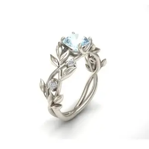 Euro-American Princess Olive Leaf Engagement Ring | Blue Zircon Ring