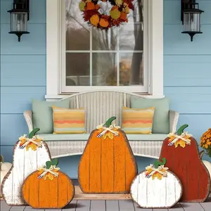 5Pcs Large Wooden Fall Signs Decor, Rustic Farmhouse Thanksgiving Pumpkin Standing Decorations, Autumn Harvest Porch Signs for Outdoor & Home Decor.