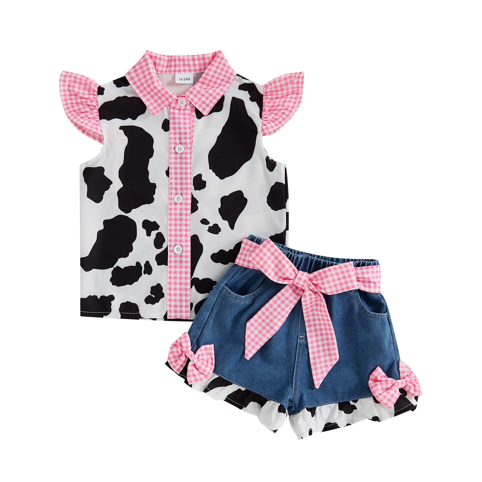 Toddler Girl Denim Western Casual Baby Clothing Special Gift Set - Ruffle Cow Print Button-Down Shirt, Belted Jeans Shorts, 100% Polyester, Accurate Fit, Button Front