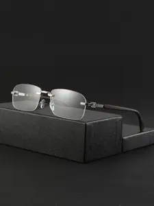 Men's Rectangular Frameless Wooden Texture Temple Glasses, High-End Business Style, Vintage Casual, Elegant and Versatile, Fashion Plain Lens