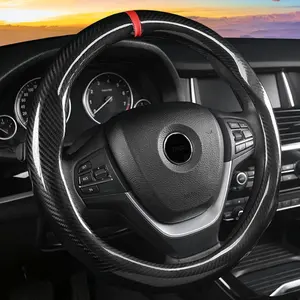 KAFEEK Carbon Fiber Steering Wheel Cover, Universal 15-Inch Fashion Sport Auto Car Steering Wheel Cover for Men, Non-Slip, Black
