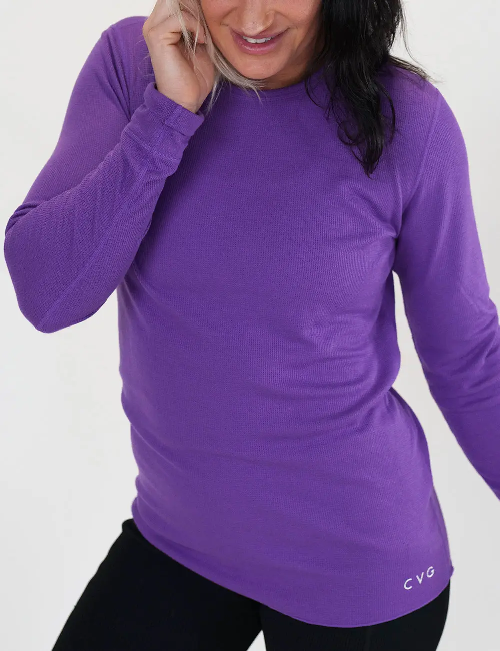 CVG Women's Long Sleeve Thermal Top - Purple, Soft & Stretchy Waffle Knit, Premium Rayon Spandex Blend, Athletic Fit, Ideal for Training & Everyday Wear, Feminine, Breathable, Longsleeves