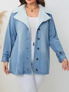 【Plus Size】 Lapel Neckline Thermal Lined Denim Jacket, Casual Long Sleeve Button Design Outerwear for Fall & Winter, Women's Clothes for Daily Wear, Coats