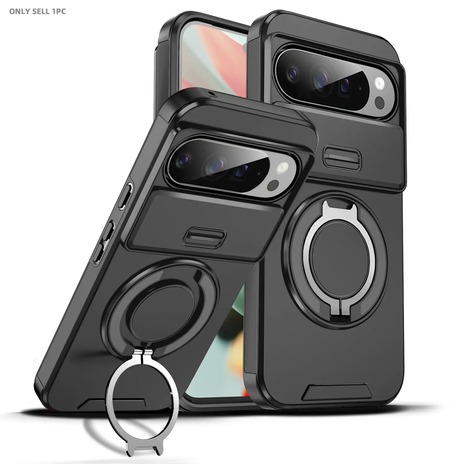 for Google Pixel 10Pro XL, 10A, 9Pro XL, 9Pro, 9A, Pixel 8Pro, 8A, 7 Pro, Shockproof Protective 360° Rotating Metal Magnetic Ring Multi-Function Stand Smartphone Case with Sliding Lens Cover Protection Casing