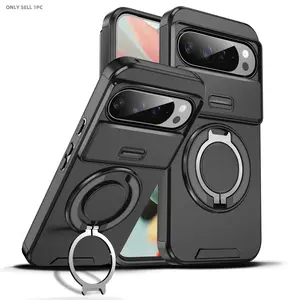 for Google Pixel 10Pro XL, 10A, 9Pro XL, 9Pro, 9A, Pixel 8Pro, 8A, 7 Pro, Shockproof Protective 360° Rotating Metal Magnetic Ring Multi-Function Stand Phone Case with Sliding Lens Cover Protection