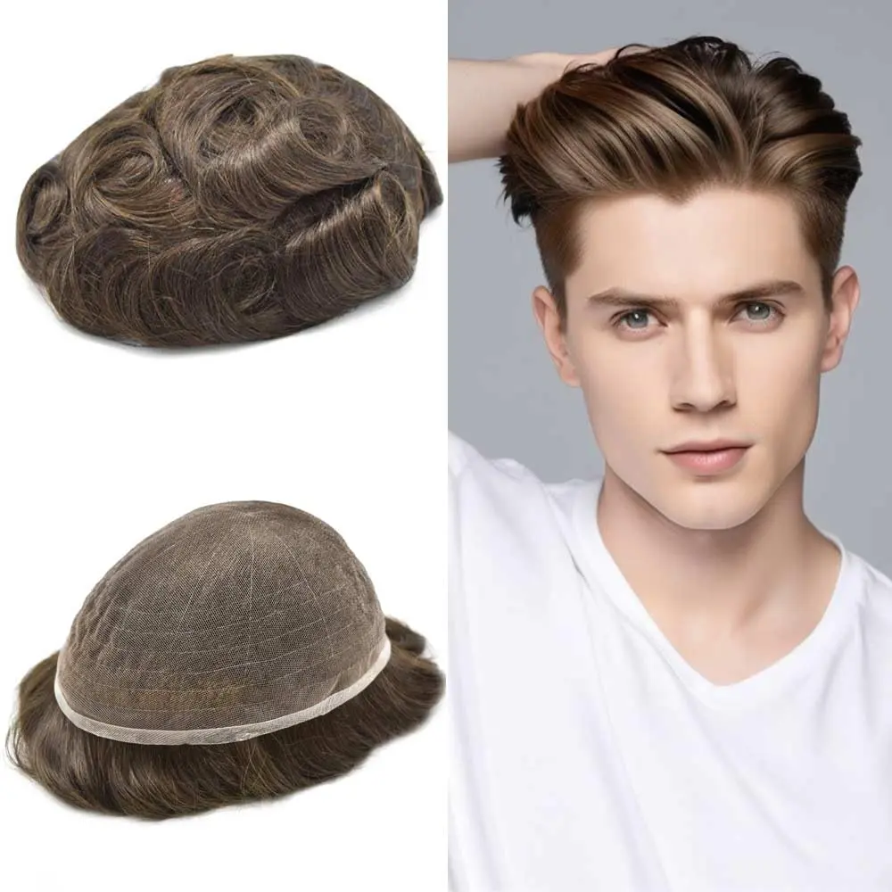 Full French Lace Hair System for Mens Toupee Hairpiece Human Hair Replacement System Lace Front Bleached Knots US