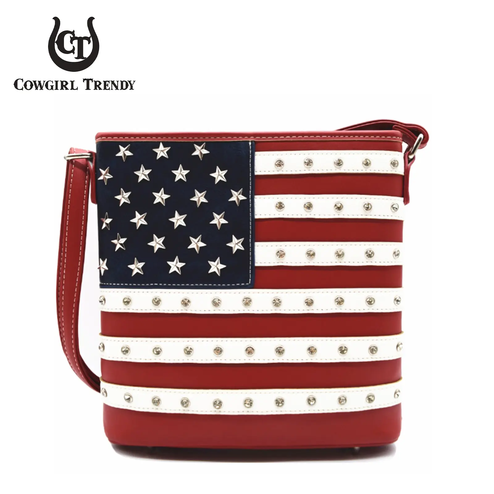 Cowgirl Trendy Women's Leather Patriotic Crossbody Bag - American Flag Stars and Stripes Studs, Single Shoulder Handbag for USA-Themed Use Adjustable Strap Bag Creative Design Bag