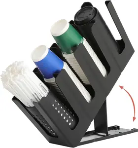 Paper Cup and Lid Holder with Straw Organizer,4 Compartment Adjusting,Coffee Cup Dispenser for Countertop,Coffees Station,Bar Restaurant,Black