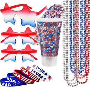 4th of July Outfits for Women,4th of July Accessories Set with Red White and Blue  Glitter,3  Flag Sunglasses,9 Beaded Necklaces,6 Bracelets,Fourth of July Outfit Women