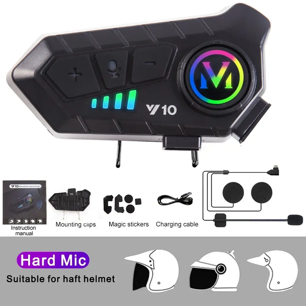 Y10 Model Bluetooth Motorcycle Helmet Headset - v5.3, Stereo Sound, Voice Control, Hands-Free Calls, 2000mAh Battery, Ambient Light, Included Base, Summer Sports & Outdoor Leisure Accessory, Bluetooth Helmet Headset