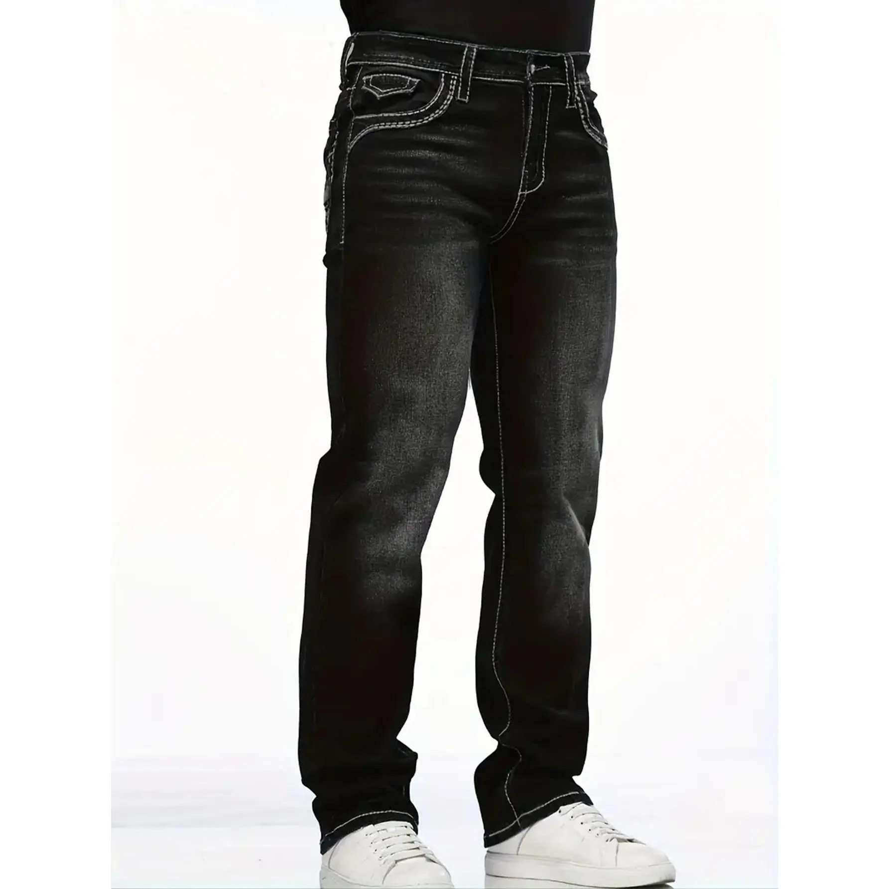 Men's High Cotton Y2K Black Gray Wash Slim Straight Jeans, Retro Denim Pants with Contrast White Stitching & Faded Streaky Whiskering, Vintage Grunge Streetwear Trousers for Men