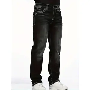Men's High Cotton Y2K Black Gray Wash Slim Straight Jeans, Retro Denim Pants with Contrast White Stitching & Faded Streaky Whiskering, Vintage Grunge Streetwear Trousers for Men
