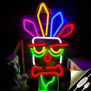 Vibrant RGB LED Tiki Mask Neon Sign - USB-Powered Wall Decor for Game Rooms, Bars, Clubs & for Man Caves - Colorful Lighting Effects for Bedrooms, Parties & Gaming Spaces, Gaming Room Decorations, Room Versatility, RGB Lights