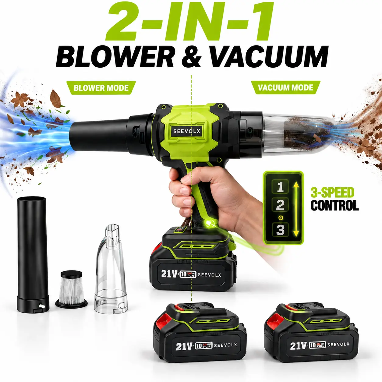 SEEVOLX 21V Max Cordless Blower & Vacuum Kit, 2 Dual Batteries, 3-Speed Control, 2 Versatile Nozzles, HEPA Filter, Multifunctional Powerful Cleaning Solution for Yardwork, Efficient and Convenient Outdoors Use, Home Cleaning, Car/Home, Rechargeable Blower