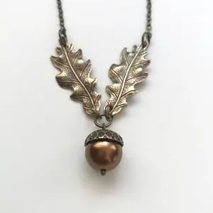 Brass Oak Leaf and acorn necklace, copper glass pearl pendant, nature inspired fall necklace, gift for her, vintage jewelry