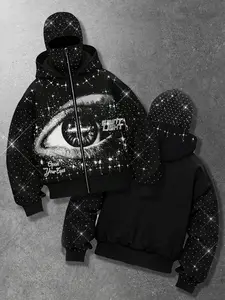 Eye pattern windproof hat zipper hoodie men's two hats, Long sleeves, sparkling starry sky Galaxy cardigan unisex hoodie Euro-American street casual trend brand, autumn and winter plus velvet hoodie party nightclub ins style