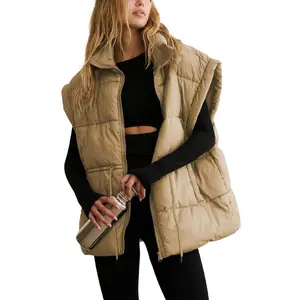 Women's Puff Vest Winter Drawstring Stand Collar Full Zip Sleeveless Padded Gilet