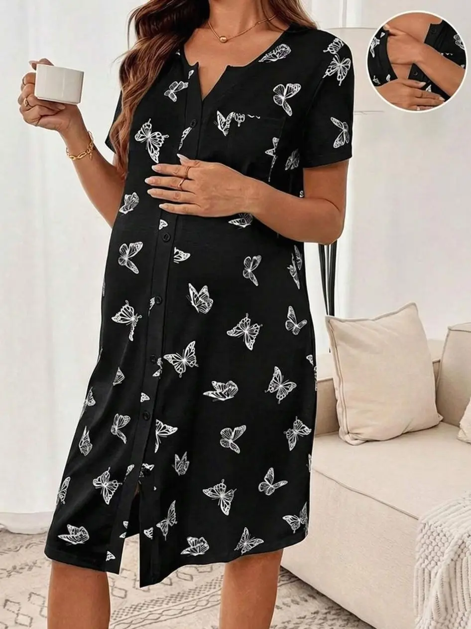 Maternity Butterfly Print Loungewear Dress, Comfortable Breathable Nightgown for Sleep and Relaxing