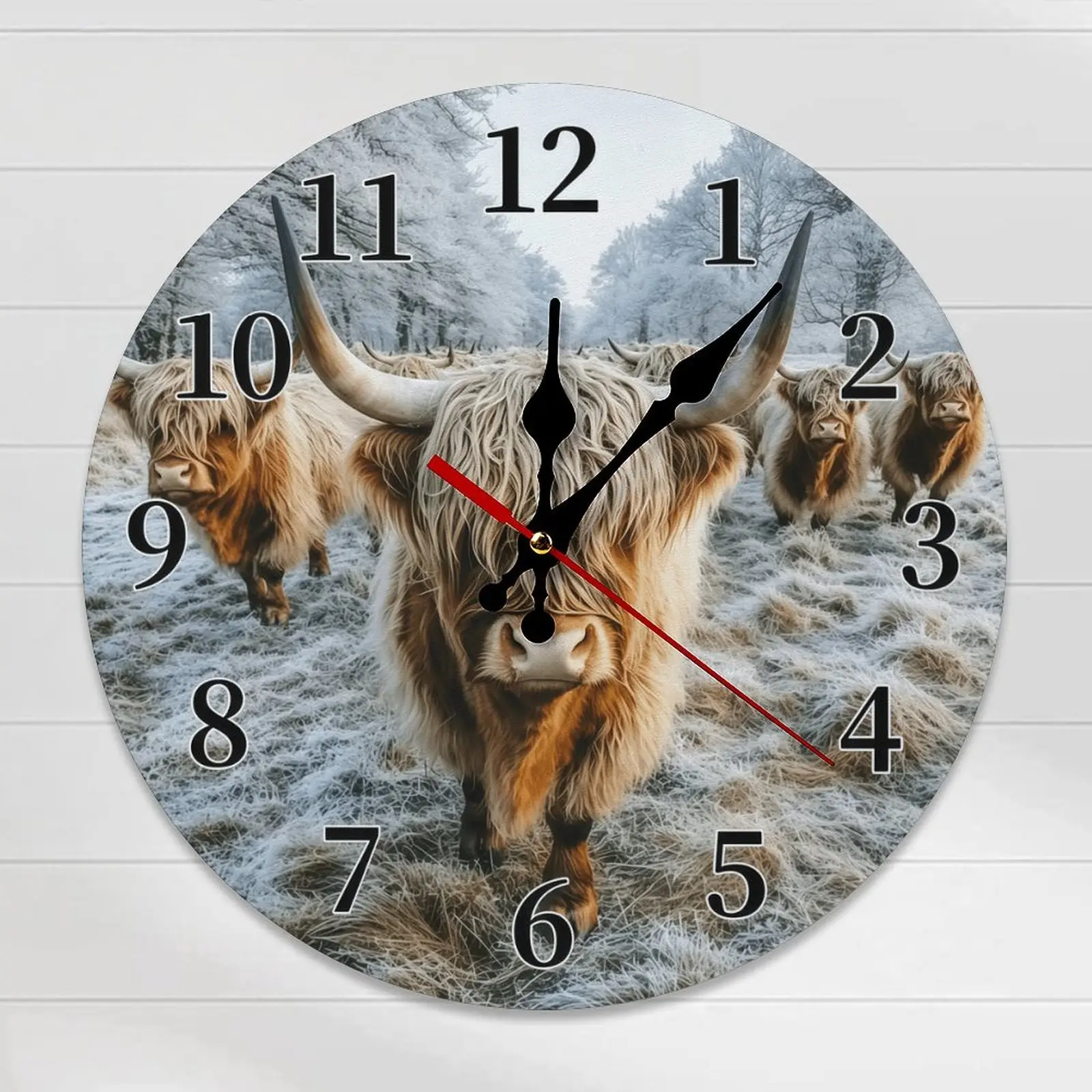 Round Fluffy Vintage Winter Highland Cow Analog Wall Clock - 10-12in DIY Assembly Silent Rustic Farmhouse Wooden Clock, Home Room Decor for Farmers' Living Room