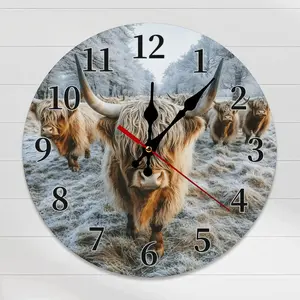 10-12in Round Vintage Winter Highland Cows Wall Clock - Silent Rustic Farmhouse Room Decor, Snowy Scottish Cattle Wooden Clock for Home Living Room