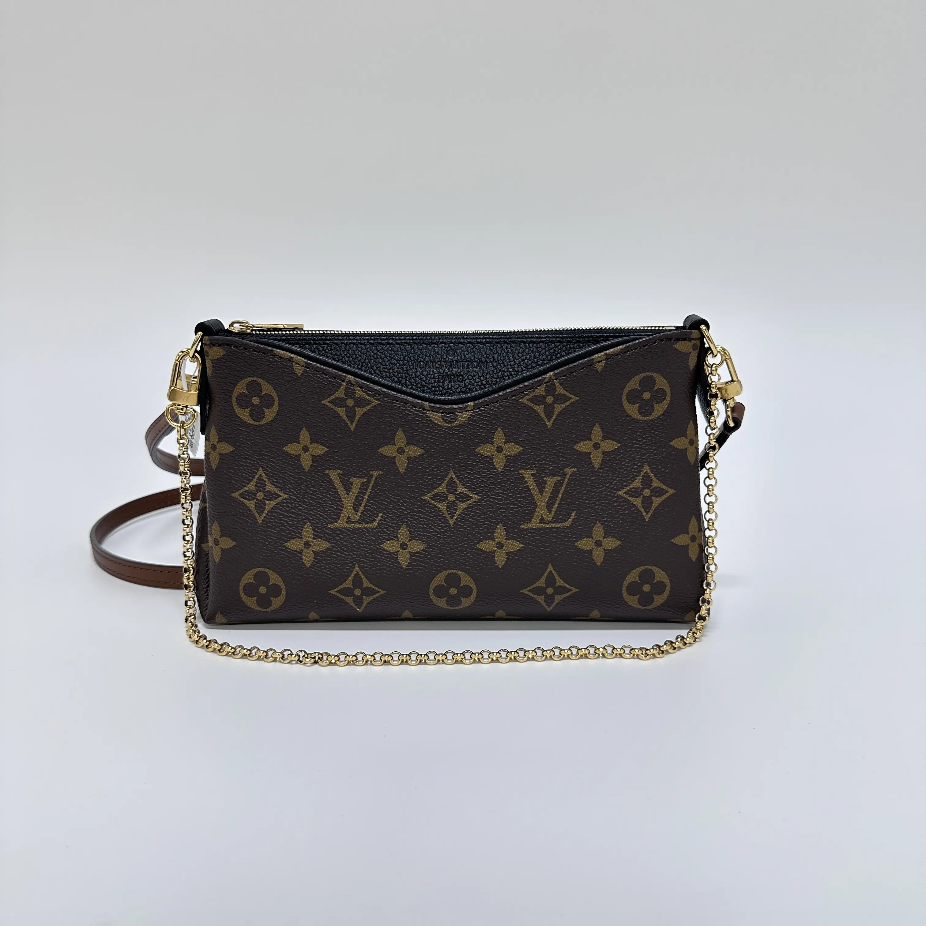 Pre-owned Louis Vuitton Pallas Clutch Classic Monogram Envelope Bag with Gold Chain & Detachable Leather Strap