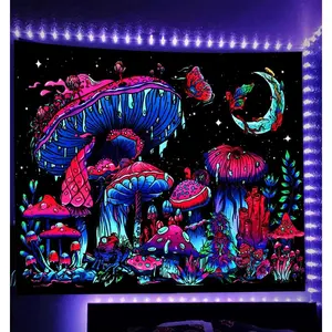 Blacklight Mushroom Tapestry, Glow In The Dark Black Light Plant Tapestry Fantasy UV Reactive Mushroom Butterfly Moon Tapestries Posters Wall Hanging for Bedroom Dorm Decor