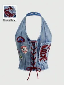 Y2K Crop Top, Embroidered Denim Cami, Adjustable Strappy Back, Slim Fit, Sleeveless, Summer Casual Wear, Perfect for Dates & Vacations