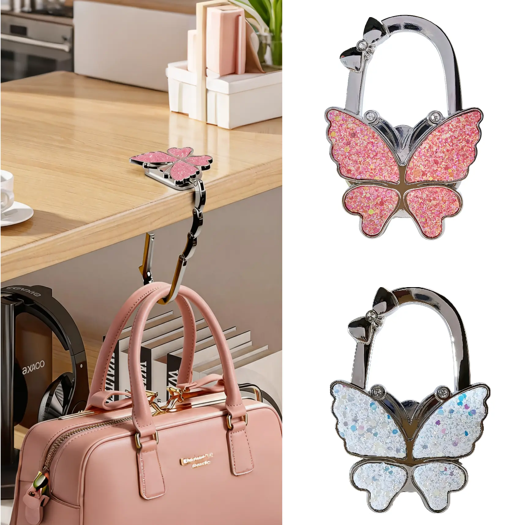 Sparkly Butterfly Foldable Purse Hook | Kawaii Table Handbag Hanger | Aesthetic Bag Accessory for Restaurants & Office Portable Travel Purse Hook for Restaurant, Desk, Kitchen | Folding Design Hangs Purses, Totes, Shopping Bags