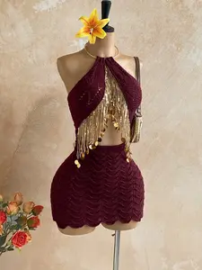 Women’s Sleeveless Sequin Tassel Halter Knit Dress - Formal Women's Dress for Beach Vacation, Summer Party Outfits