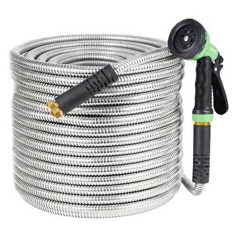 Heavy Duty High-Pressure Puncture-Resistant Rust-Proof PVC Stainless Steel Water Hose, 25FT-150FT Multi-Size Kink-Free Metal Hose with 10-Function Leak-Proof Spray Nozzle, Sturdy 3/4'' Brass Connectors for Garden Watering