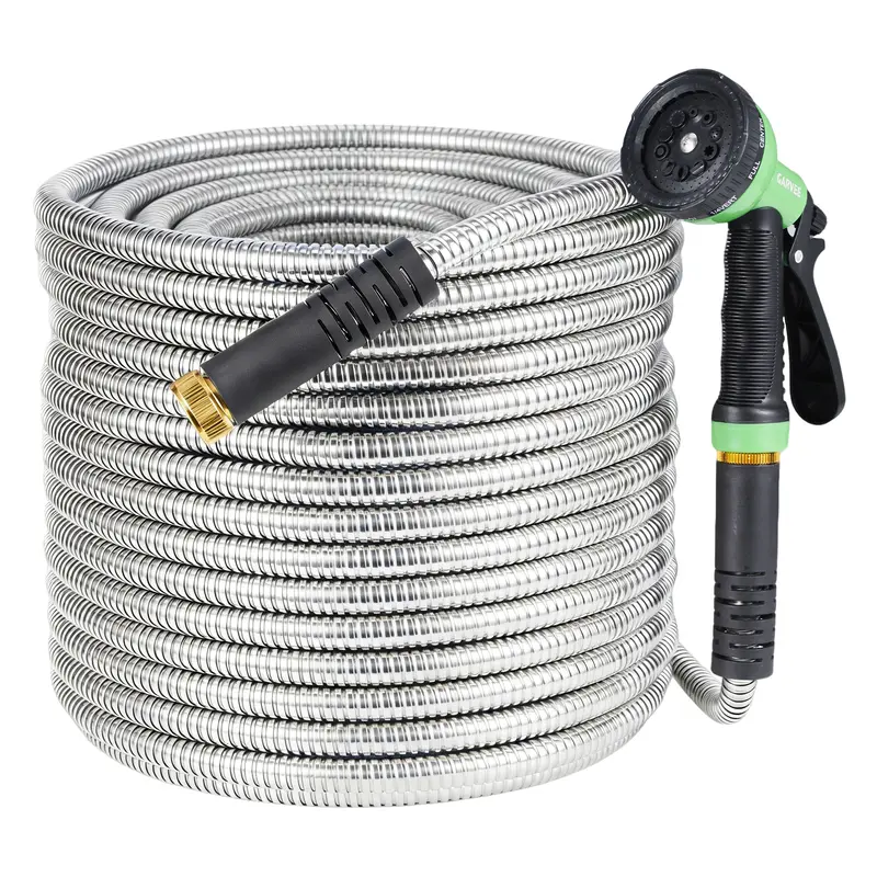 Heavy Duty High-Pressure Puncture-Resistant Rust-Proof PVC Stainless Steel Water Hose, 25FT-150FT Multi-Size Kink-Free Metal Hose with 10-Function Leak-Proof Spray Nozzle, Sturdy 3/4'' Brass Connectors for Garden Watering
