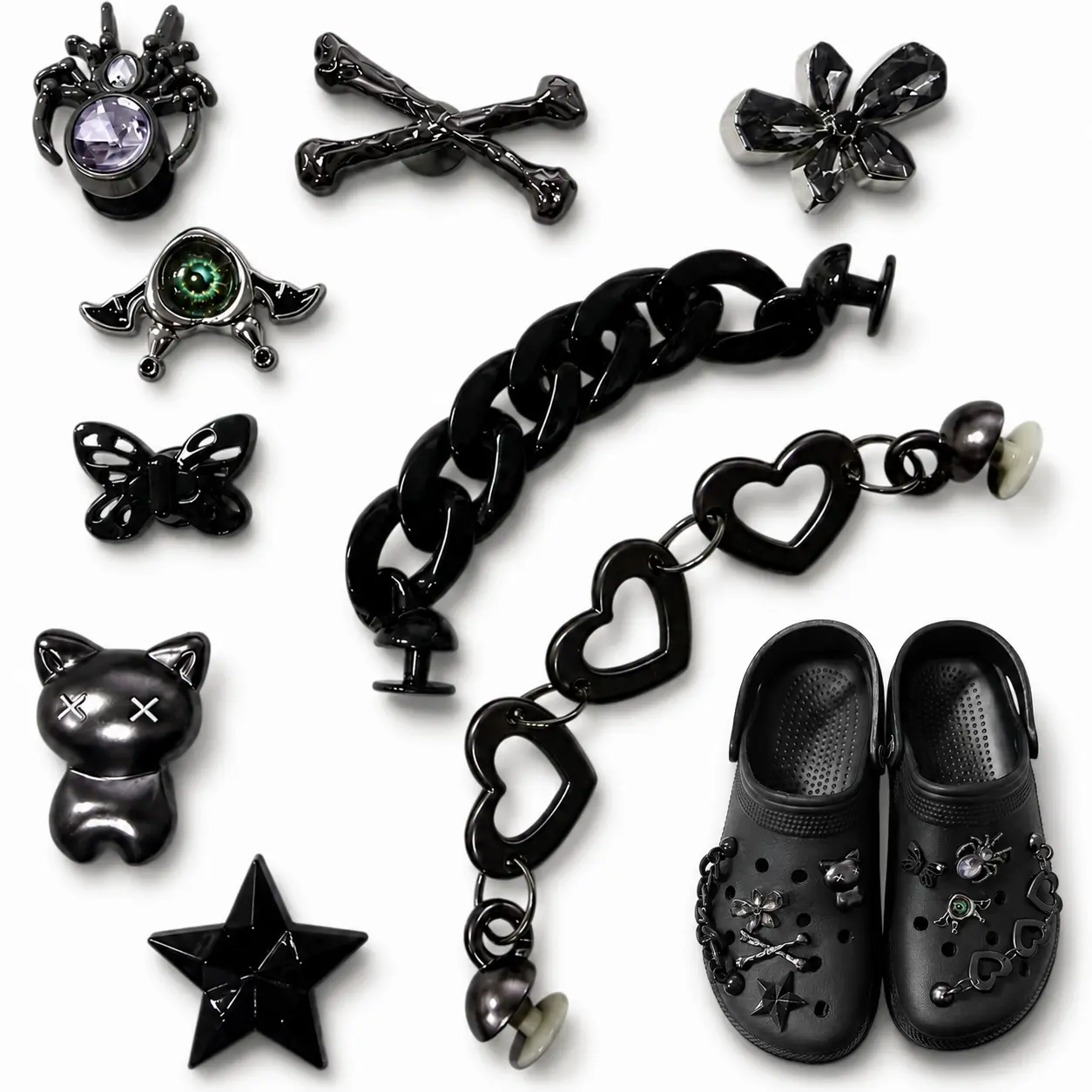 9PCS Gothic Halloween Shoe Charms Set with Crystal Spider, Evil Eye, X-Eye Cat, Crossbones, Star, Butterfly & 2 Black Chains, Dark Clog Accessories, Shoes Not Included