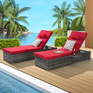 Outdoor Reclining Chaise Lounge Set of 2 with Storage Patio Pool Chairs Tanning Lounges for Outside,Beach Rattan Recliners with Adjustable Backrest, Table, Cushion for Poolside Backyard Garden