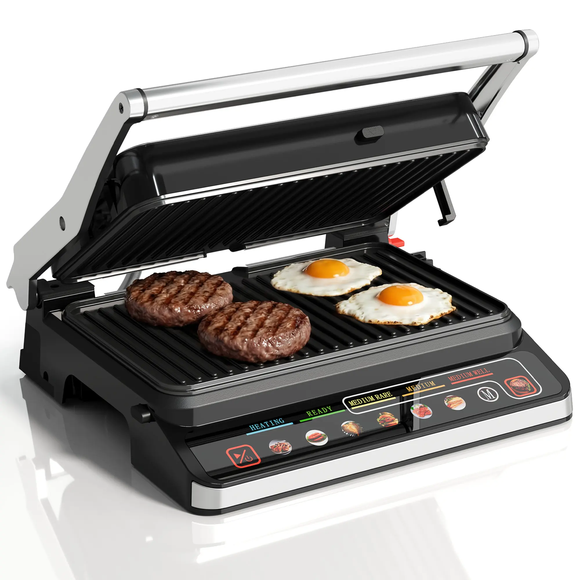 Sunvivi 1600W Contact Grill, 180° Open Flat Panini Press Grill Maker with Ridged Grooved Grill Plates, Non‑Stick Removable Plates, Indoor Electric Grill for Steak Burgers Sandwiches, 1‑Year Limited Warranty，grease tray，non-stick plate，oil drip tray