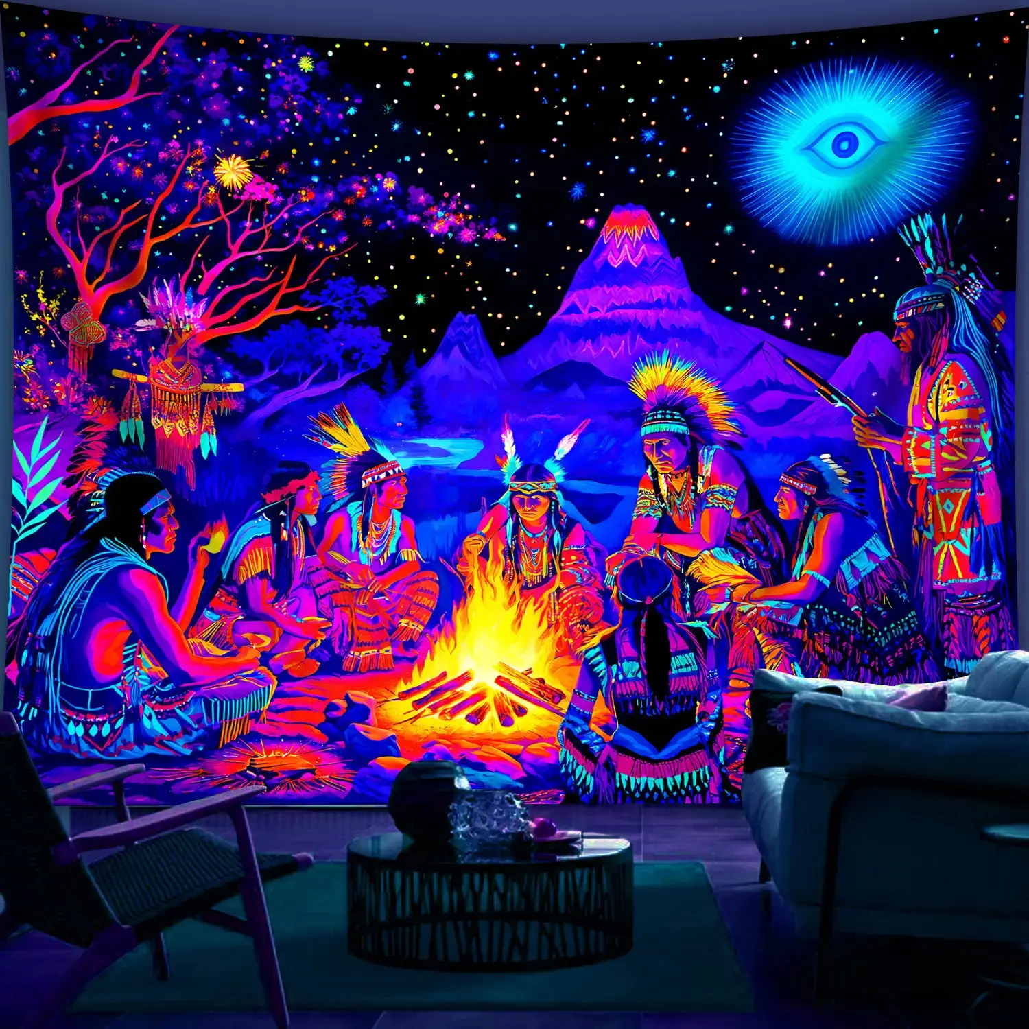 1 Piece Extra-Large Indian Tribal Tapestry - Fluorescent Light-Reactive, Polyester Hanging Cloth - Bedroom Home Decoration for Party Celebrations, Office Living Room Aesthetic Decor