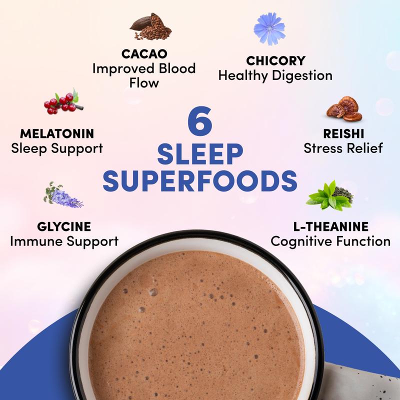 RYZE Mushroom Hot Cocoa Melatonin Sleep Supplement, Keto Cocoa Powder With Reishi Mushroom, Melatonin, Glycine, Cacao, L-Theanine, Chicory to Help Fall Asleep and Stay Asleep, 20 servings
