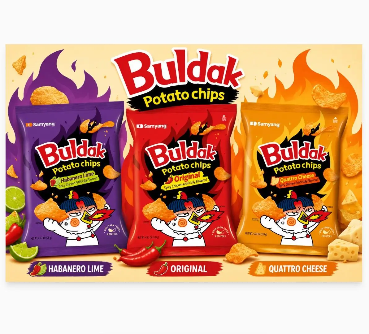 Samyang Buldak Crunchy Crispy Cheese-Flavor Korean Spicy Snack Potato Chips Variety Pack