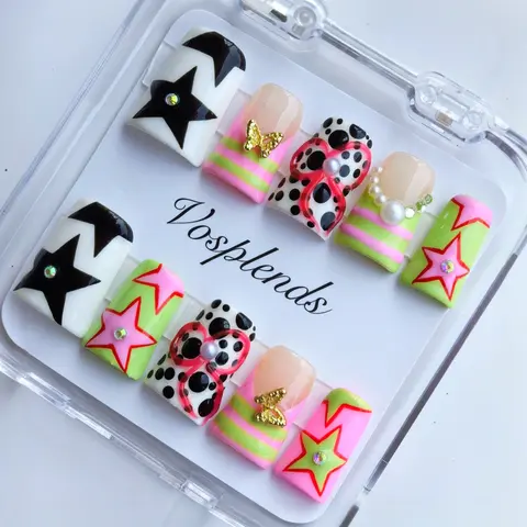 【DUCK TIP COLLECTION 2】Buy 2 get 1 free|Vosplends 10PCS Handmade y2k 3D flower duckbill nails，acrylic press on nails，Y2K Style Duckbill Square Nails, Handmade Press On False Nails,  Full Color Design, Perfect for