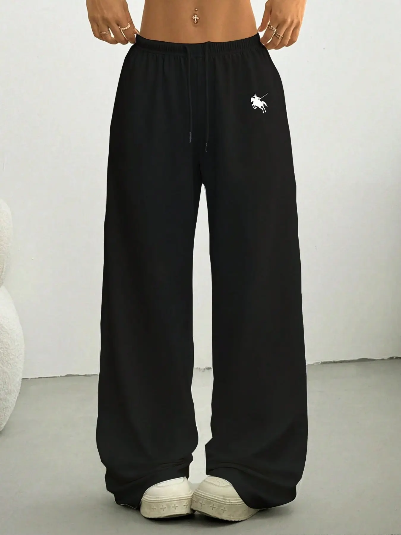 Women's Casual Sporty Long Pants, Knight Pattern Print, Drawstring Loose Wide Leg, All Season Fashion, Ladies' Comfortable Trousers