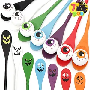 7 Player Halloween Egg and Spoon Race Game Set for Kids, Eyeballs and Spoons with Assorted Colors for Halloween Outdoor Fun Game, Halloween Party Favor and Supplies, Themed Games Treats Gifts