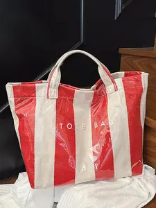 Women's Fashionable and Striped Pattern Tote Bag, Large Capacity Transparent Tote Bag, Waterproof PVC Material Handle Bag for Students, Gym, Yoga and Travel