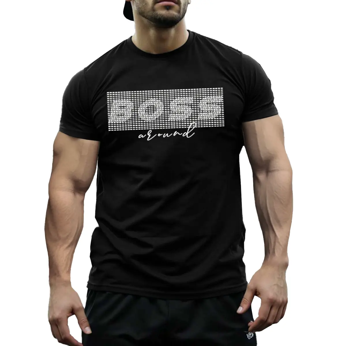 "BOSS Around" Minimalist Text Polyester T-Shirt - Viral Streetwear Graphic Tee, Breathable Quick-Dry Crewneck, Durable Non-Cotton Fabric, Pixelated Bold Print for Casual Wear
