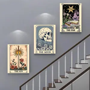 Vintage Tarot Card Pattern Wood Frame Wall Art, 3 Counts/set Boho Style Dopamine Decor Wall Decor, Wall Hanging Decor for Home Living Room Bedroom, Ornaments