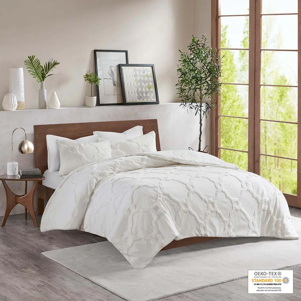 3-Piece Geometric Tufted Cotton Chenille Comforter Set with 2 Matching Shams, Machine Washable Bedding Set for Bedroom
